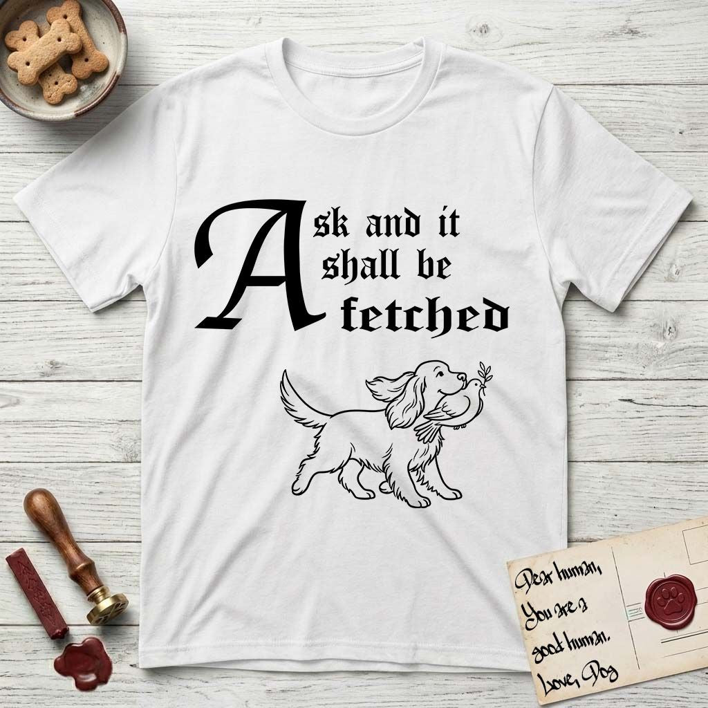 Ask and It Shall Be Fetched Spaniel T-Shirt flat lay in White, featuring a sparse pen-and-ink illustration of a Spaniel at a proud trot carrying a dove with an olive branch.