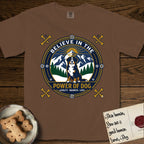 Believe in the Power of Dog Bernese Mountain Dog T-Shirt flat lay in Espresso, featuring a circular national-park-style badge with a haloed Bernese Mountain Dog, a mountain scene, a rope border, and the words Loyalty, Warmth, Love.