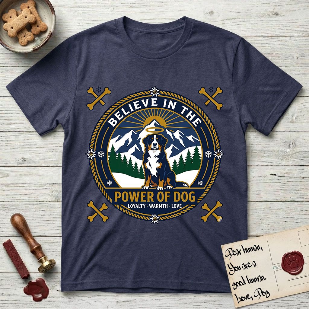 Believe in the Power of Dog Bernese Mountain Dog T-Shirt flat lay in Navy, featuring a circular national-park-style badge with a haloed Bernese Mountain Dog, a mountain scene, a rope border, and the words Loyalty, Warmth, Love.