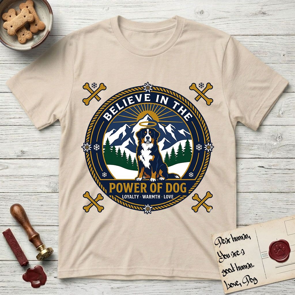 Believe in the Power of Dog Bernese Mountain Dog T-Shirt flat lay in Sand, featuring a circular national-park-style badge with a haloed Bernese Mountain Dog, a mountain scene, a rope border, and the words Loyalty, Warmth, Love.