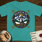 Believe in the Power of Dog Bernese Mountain Dog T-Shirt flat lay in Seafoam, featuring a circular national-park-style badge with a haloed Bernese Mountain Dog, a mountain scene, a rope border, and the words Loyalty, Warmth, Love.