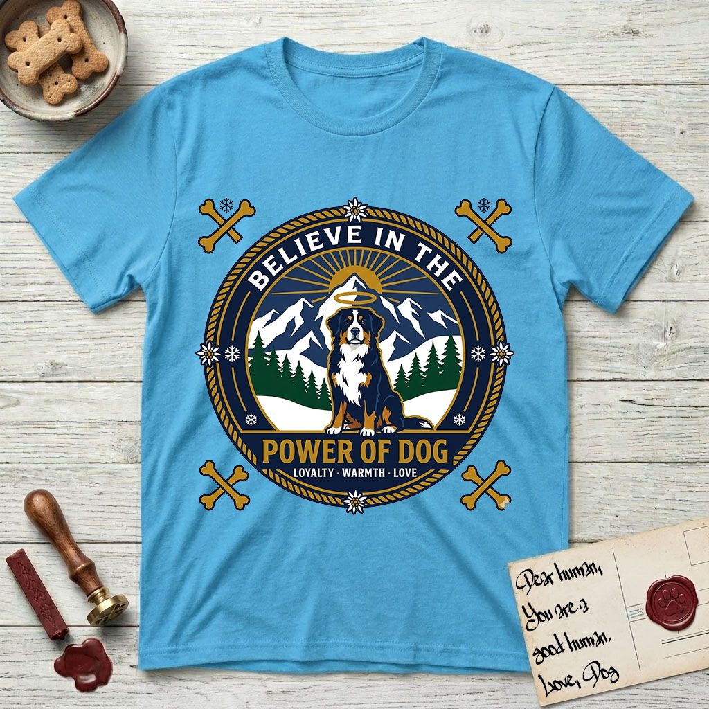 Believe in the Power of Dog Bernese Mountain Dog T-Shirt flat lay in Sky, featuring a circular national-park-style badge with a haloed Bernese Mountain Dog, a mountain scene, a rope border, and the words Loyalty, Warmth, Love.