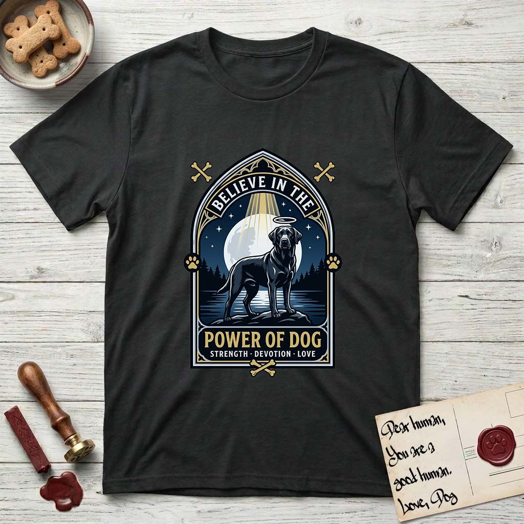 Believe in the Power of Dog Black Lab T-Shirt flat lay in Black, featuring a dramatic gothic-arch badge with a moonlit Black Lab on a rock above still water, a beam of light through the arch, and the words Strength, Devotion, Love.