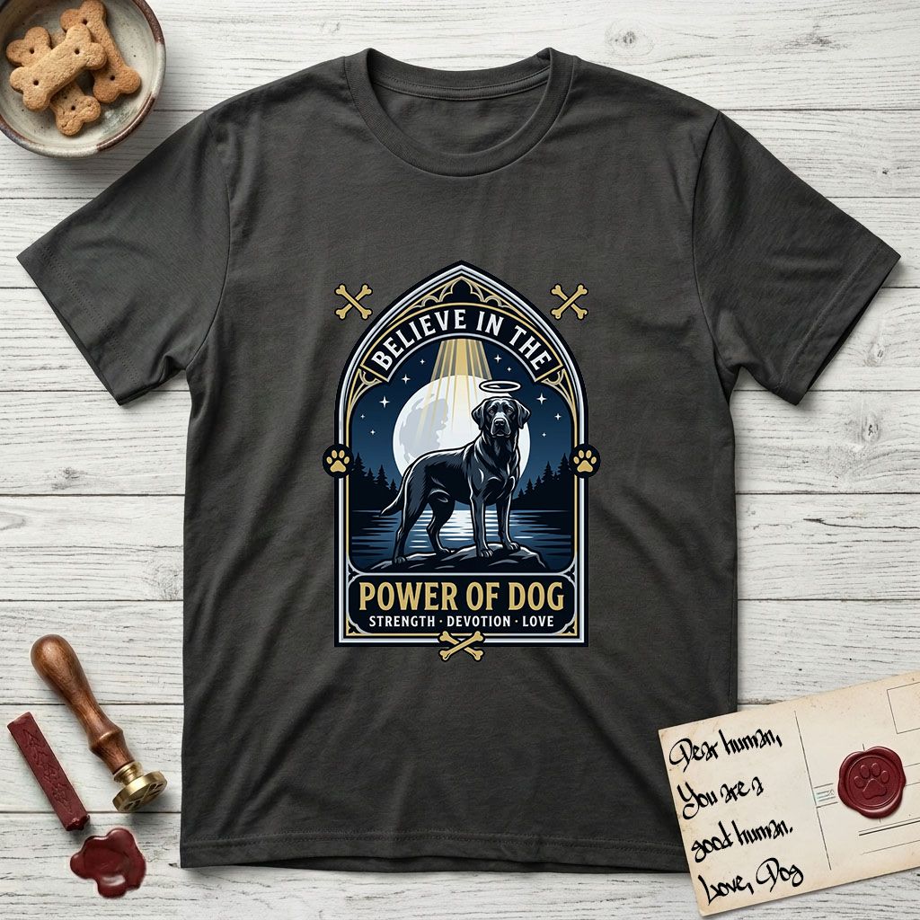 Believe in the Power of Dog Black Lab T-Shirt flat lay in Charcoal, featuring a dramatic gothic-arch badge with a moonlit Black Lab on a rock above still water, a beam of light through the arch, and the words Strength, Devotion, Love.