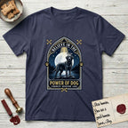 Believe in the Power of Dog Black Lab T-Shirt flat lay in Navy, featuring a dramatic gothic-arch badge with a moonlit Black Lab on a rock above still water, a beam of light through the arch, and the words Strength, Devotion, Love.