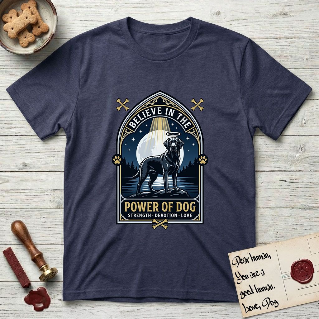 Believe in the Power of Dog Black Lab T-Shirt flat lay in Navy, featuring a dramatic gothic-arch badge with a moonlit Black Lab on a rock above still water, a beam of light through the arch, and the words Strength, Devotion, Love.