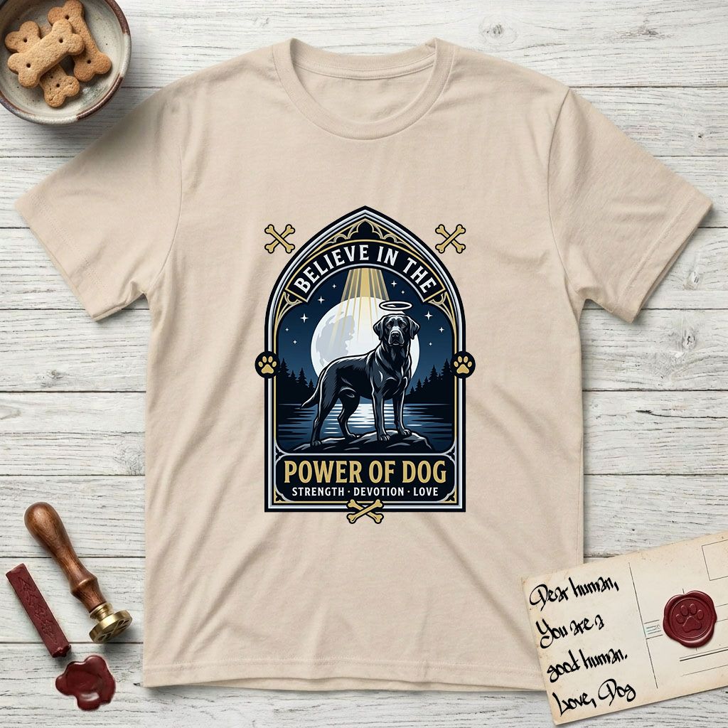 Believe in the Power of Dog Black Lab T-Shirt flat lay in Sand, featuring a dramatic gothic-arch badge with a moonlit Black Lab on a rock above still water, a beam of light through the arch, and the words Strength, Devotion, Love.