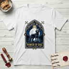 Believe in the Power of Dog Black Lab T-Shirt flat lay in White, featuring a dramatic gothic-arch badge with a moonlit Black Lab on a rock above still water, a beam of light through the arch, and the words Strength, Devotion, Love.