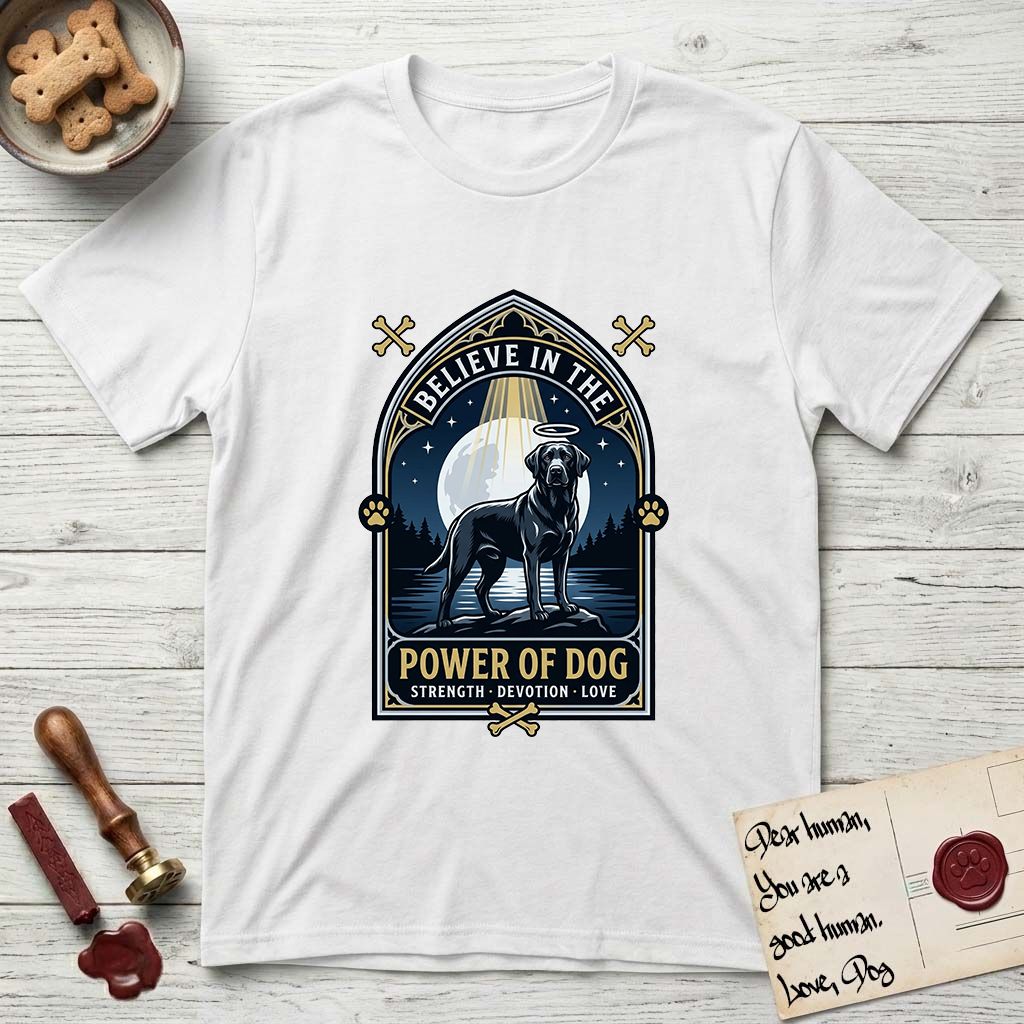 Believe in the Power of Dog Black Lab T-Shirt flat lay in White, featuring a dramatic gothic-arch badge with a moonlit Black Lab on a rock above still water, a beam of light through the arch, and the words Strength, Devotion, Love.