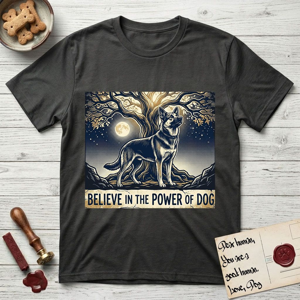 Believe in the Power of Dog German Shepherd T-Shirt flat lay in Charcoal, featuring a moonlit illustration of a German Shepherd standing beneath a great tree whose roots and branches reach equally in both directions.