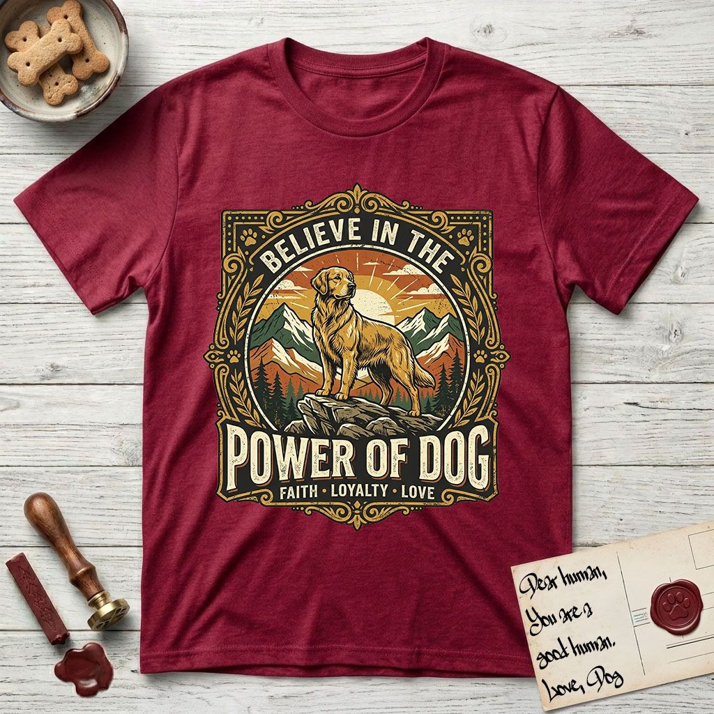 Believe in the Power of Dog Golden Retriever T-Shirt flat lay in Antique Cherry Red, featuring a vintage outdoor badge with a haloed Golden Retriever standing on a rock above the treeline at sunrise and the words Faith, Loyalty, Love.