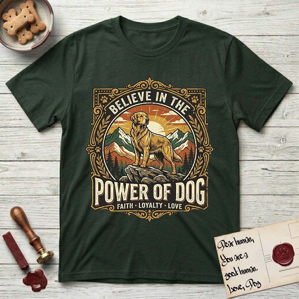 Believe in the Power of Dog Golden Retriever T-Shirt flat lay in Forest Green, featuring a vintage outdoor badge with a haloed Golden Retriever standing on a rock above the treeline at sunrise and the words Faith, Loyalty, Love.