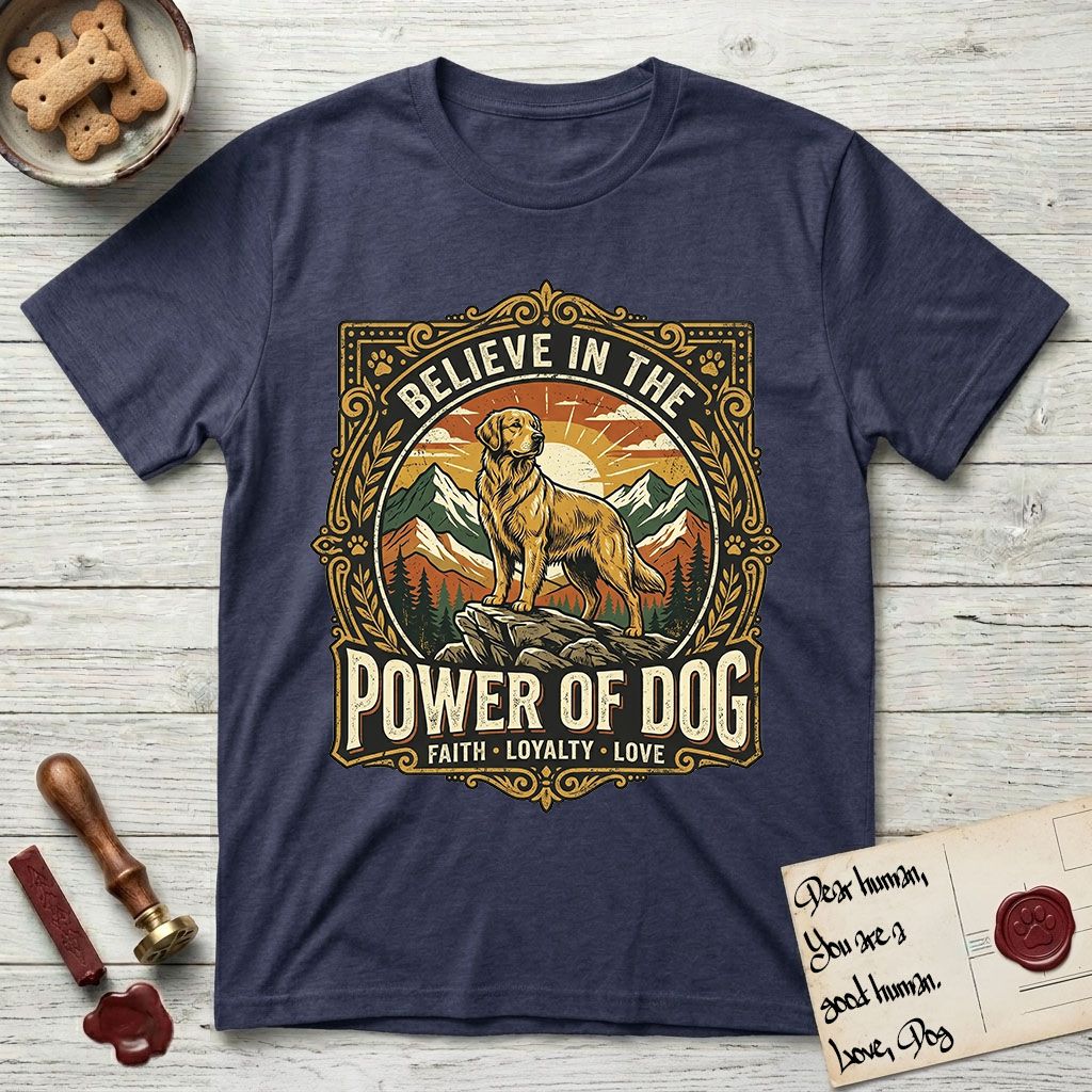 Believe in the Power of Dog Golden Retriever T-Shirt flat lay in Navy, featuring a vintage outdoor badge with a haloed Golden Retriever standing on a rock above the treeline at sunrise and the words Faith, Loyalty, Love.
