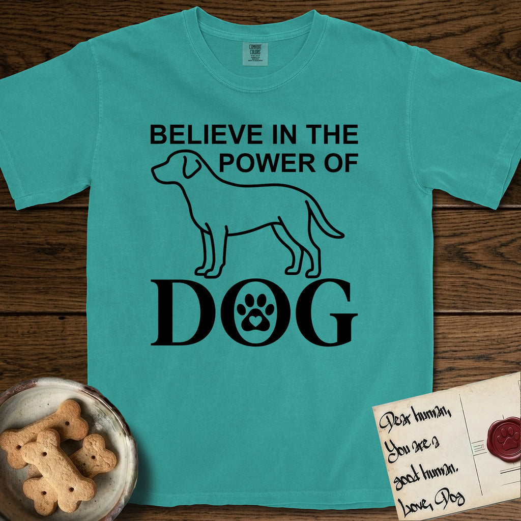 Believe in the Power of Dog Labrador T-Shirt flat lay in Seafoam, featuring stark minimalist single-line art of a Labrador with bold stacked "Believe in the Power of Dog" type and a paw-print heart in the O.
