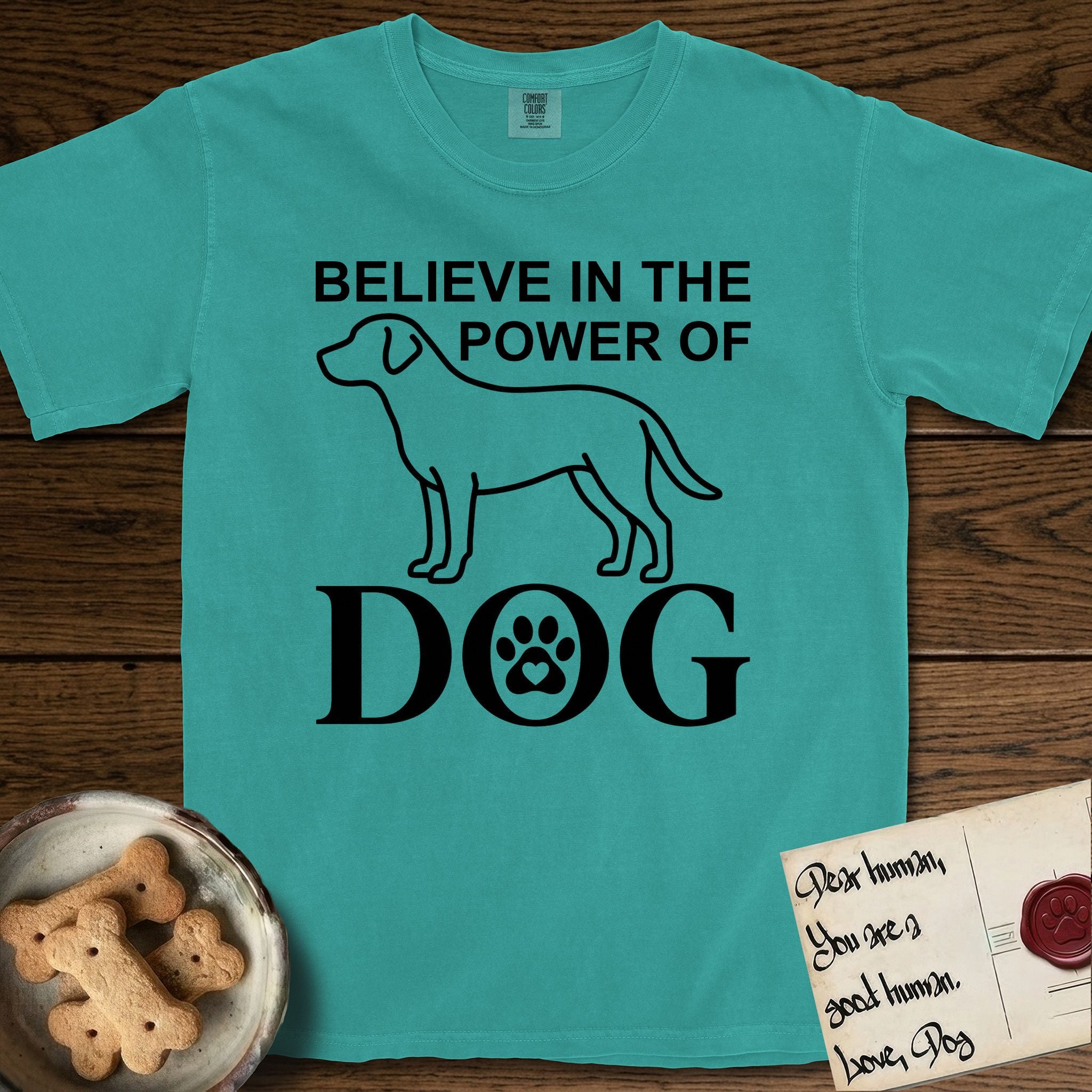 Believe in the Power of Dog Labrador T-Shirt flat lay in Seafoam, featuring stark minimalist single-line art of a Labrador with bold stacked "Believe in the Power of Dog" type and a paw-print heart in the O.