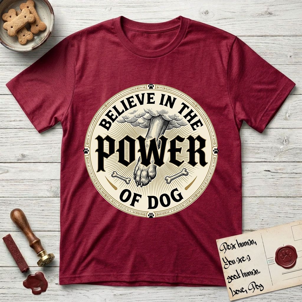 Believe in the Power of Dog Paw T-Shirt flat lay in Antique Cherry Red, featuring a vintage engraving medallion of a Dog paw and a human hand meeting over crossed bones in a sunburst.