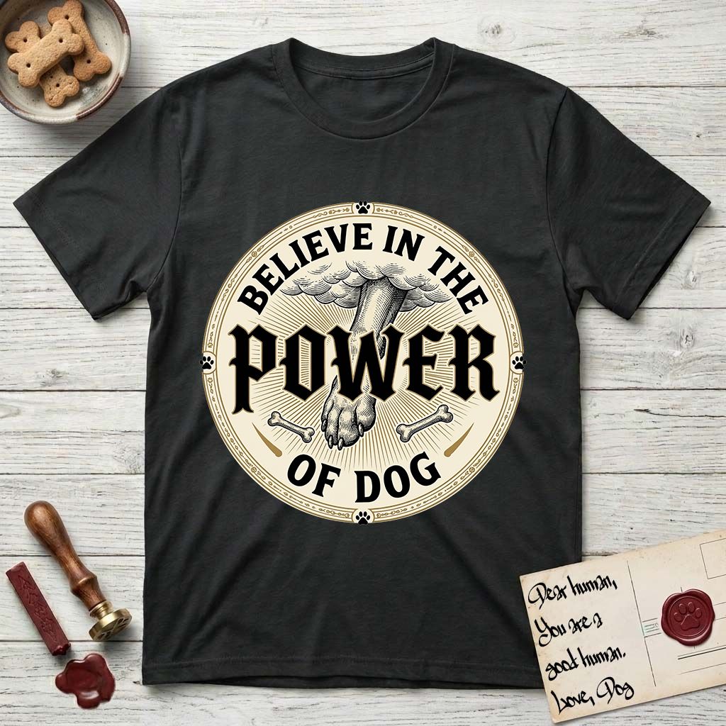 Believe in the Power of Dog Paw T-Shirt flat lay in Black, featuring a vintage engraving medallion of a Dog paw and a human hand meeting over crossed bones in a sunburst.