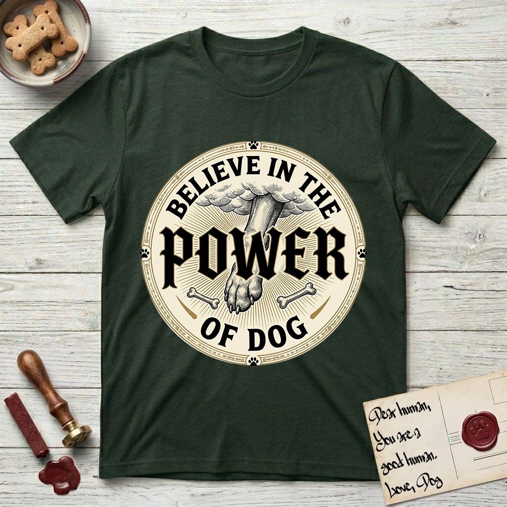 Believe in the Power of Dog Paw T-Shirt flat lay in Forest Green, featuring a vintage engraving medallion of a Dog paw and a human hand meeting over crossed bones in a sunburst.