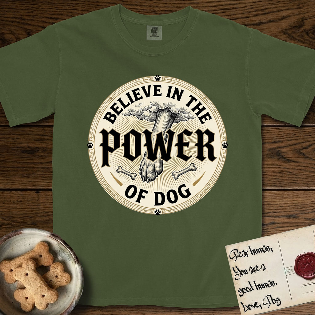 Believe in the Power of Dog Paw T-Shirt flat lay in Hemp, featuring a vintage engraving medallion of a Dog paw and a human hand meeting over crossed bones in a sunburst.