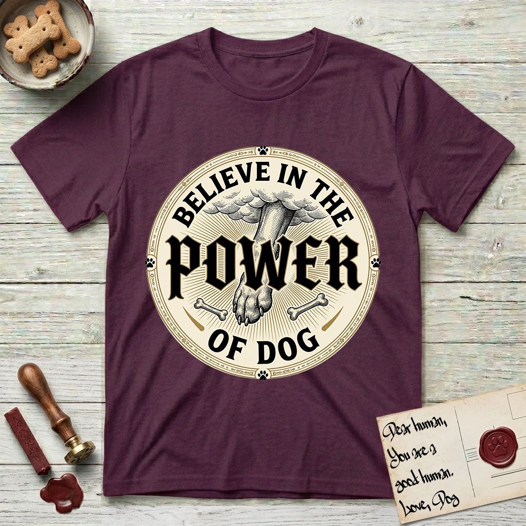 Believe in the Power of Dog Paw T-Shirt flat lay in Maroon, featuring a vintage engraving medallion of a Dog paw and a human hand meeting over crossed bones in a sunburst.