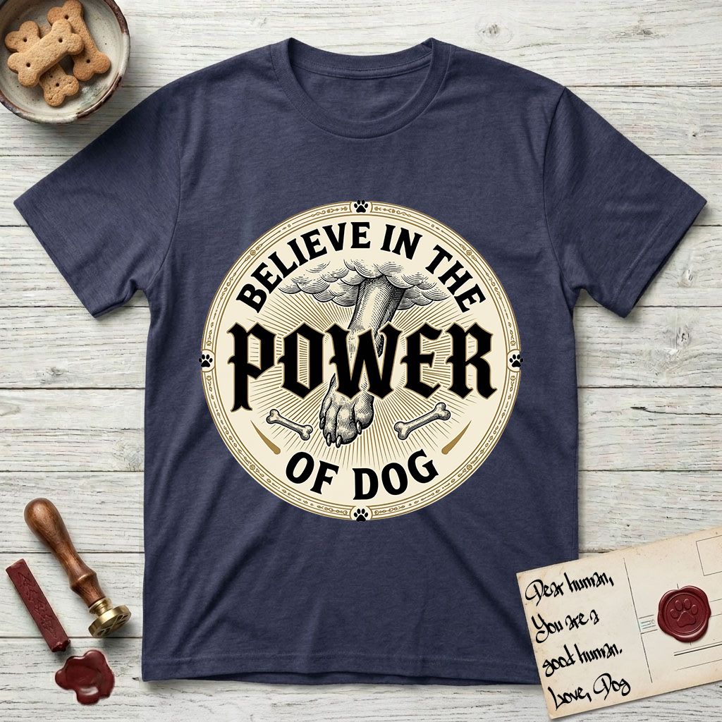 Believe in the Power of Dog Paw T-Shirt flat lay in Navy, featuring a vintage engraving medallion of a Dog paw and a human hand meeting over crossed bones in a sunburst.