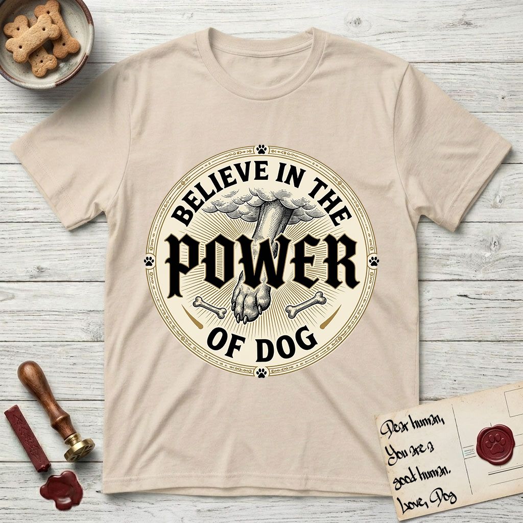 Believe in the Power of Dog Paw T-Shirt flat lay in Sand, featuring a vintage engraving medallion of a Dog paw and a human hand meeting over crossed bones in a sunburst.