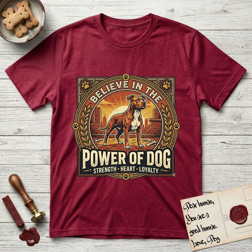 Believe in the Power of Dog Pitbull Cityscape T-Shirt flat lay in Antique Cherry Red, featuring a vintage urban badge with a brick-red Pitbull, a city skyline, a radiating sun, and the words Strength, Heart, Loyalty.