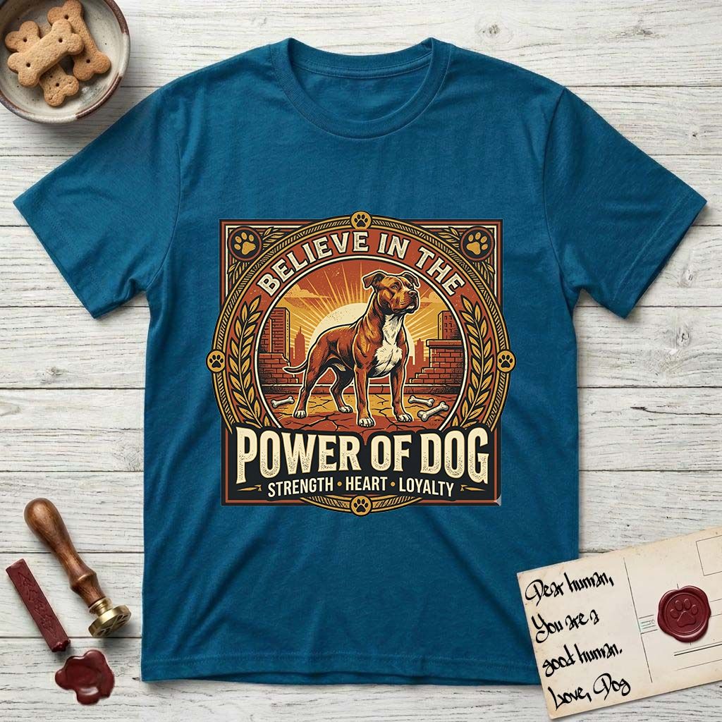 Believe in the Power of Dog Pitbull Cityscape T-Shirt flat lay in Antique Sapphire, featuring a vintage urban badge with a brick-red Pitbull, a city skyline, a radiating sun, and the words Strength, Heart, Loyalty.