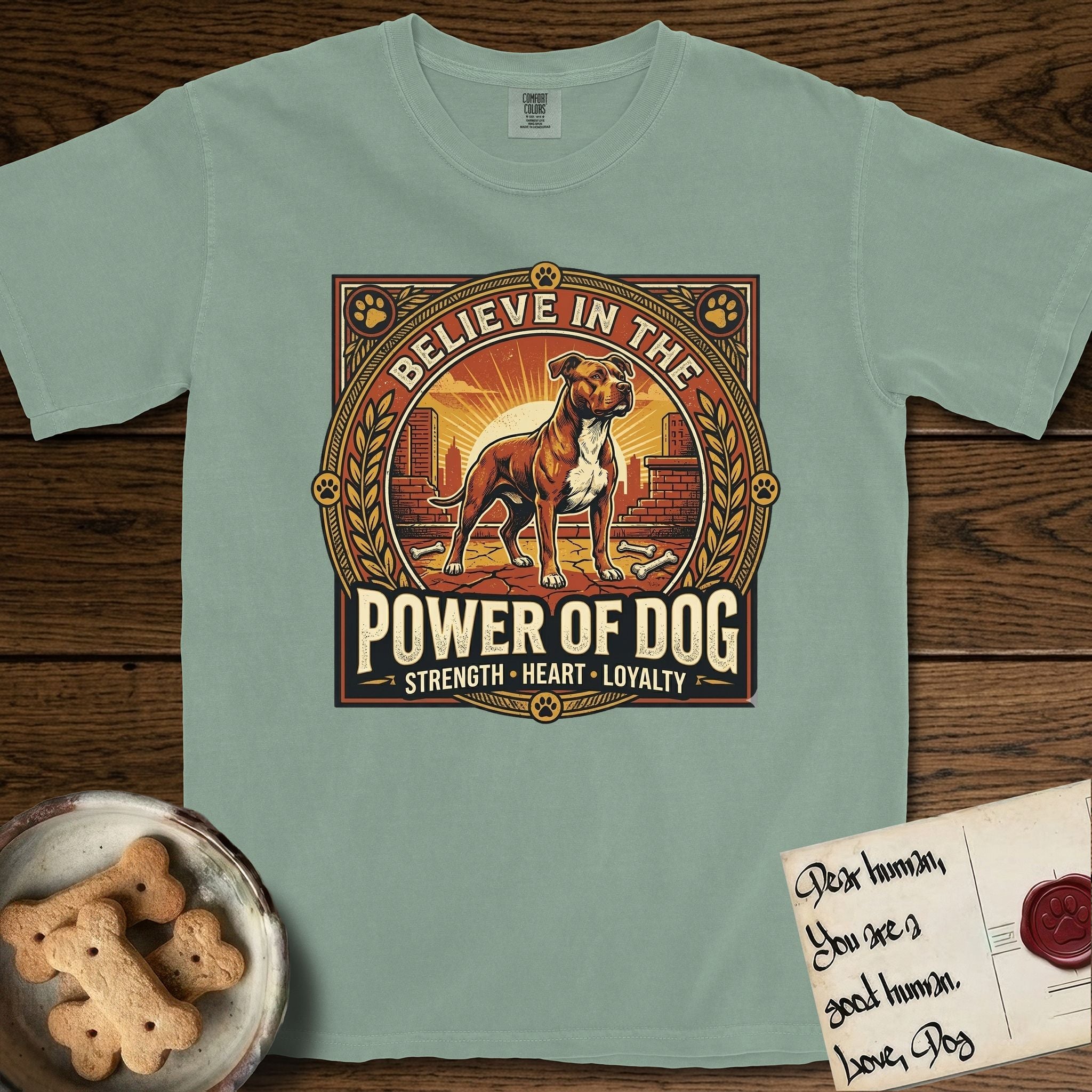 Believe in the Power of Dog Pitbull T-Shirt flat lay in Bay, featuring a vintage urban badge with a brick-red Pitbull, a city skyline, a radiating sun, and the words Strength, Heart, Loyalty.