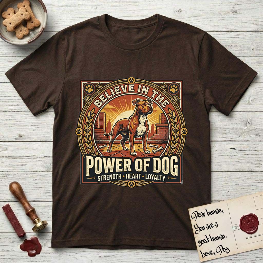 Believe in the Power of Dog Pitbull Cityscape T-Shirt flat lay in Dark Chocolate, featuring a vintage urban badge with a brick-red Pitbull, a city skyline, a radiating sun, and the words Strength, Heart, Loyalty.