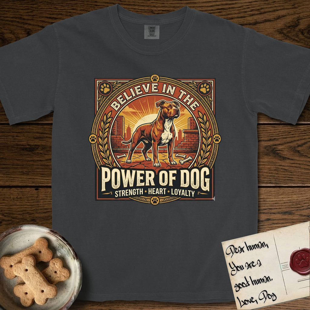 Believe in the Power of Dog Pitbull T-Shirt flat lay in Graphite, featuring a vintage urban badge with a brick-red Pitbull, a city skyline, a radiating sun, and the words Strength, Heart, Loyalty.