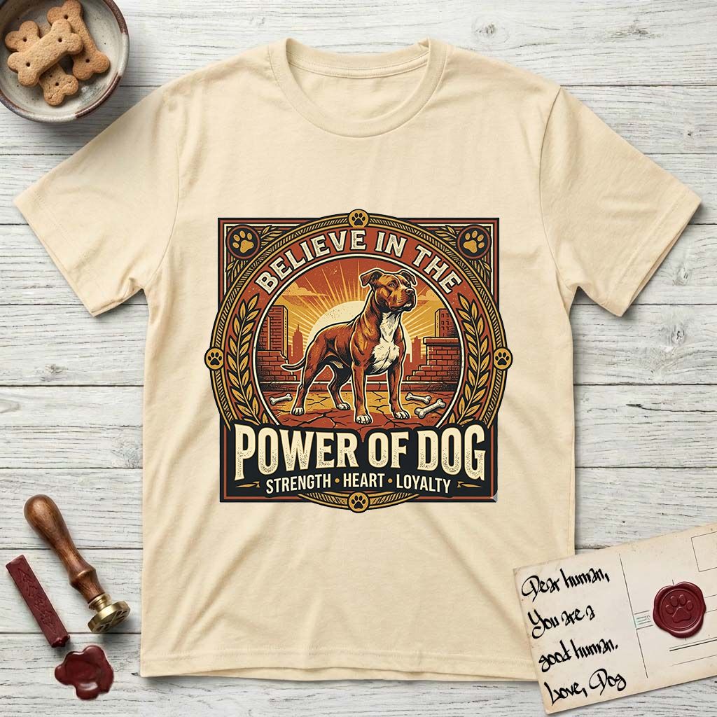Believe in the Power of Dog Pitbull Cityscape T-Shirt flat lay in Natural, featuring a vintage urban badge with a brick-red Pitbull, a city skyline, a radiating sun, and the words Strength, Heart, Loyalty.
