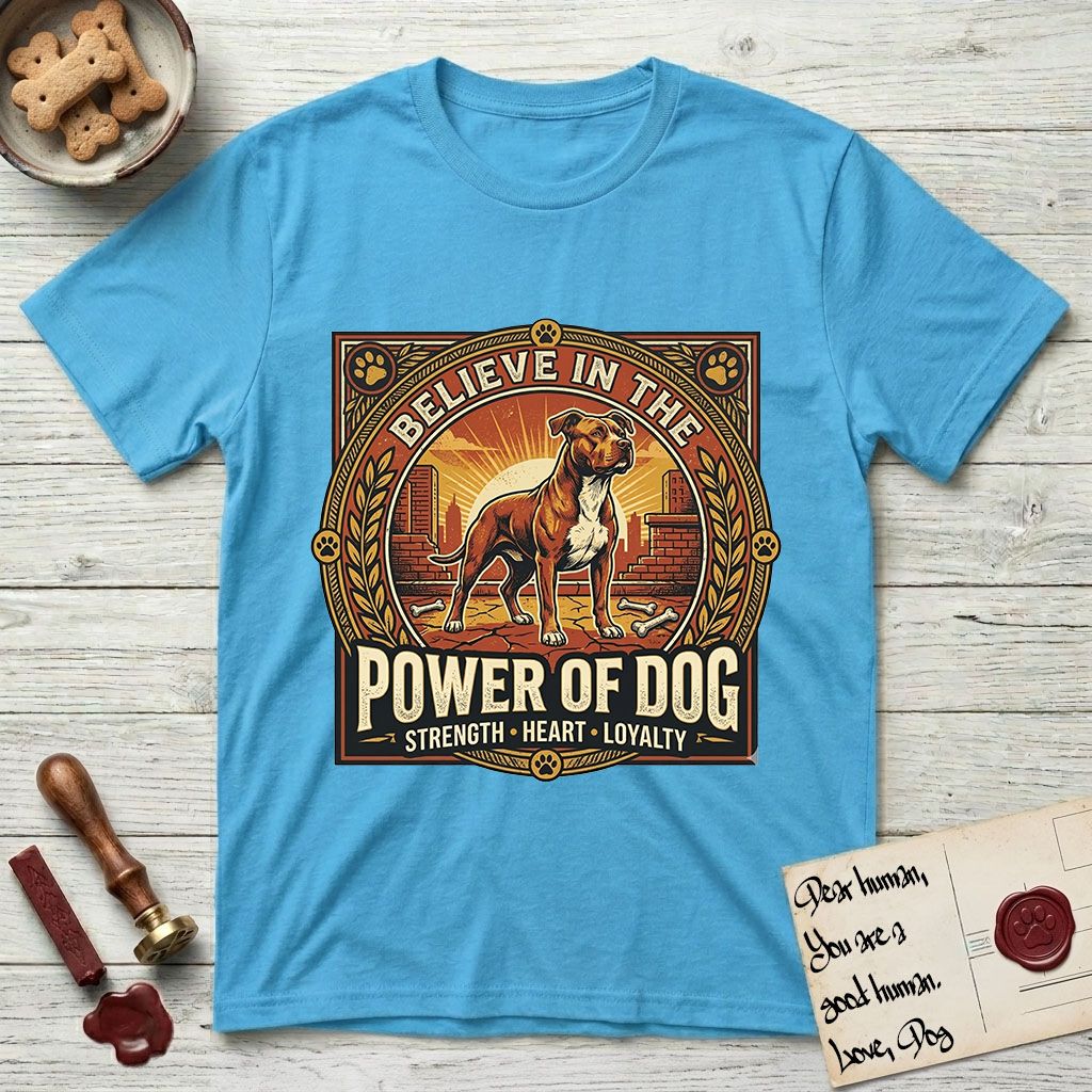 Believe in the Power of Dog Pitbull Cityscape T-Shirt flat lay in Sky, featuring a vintage urban badge with a brick-red Pitbull, a city skyline, a radiating sun, and the words Strength, Heart, Loyalty.