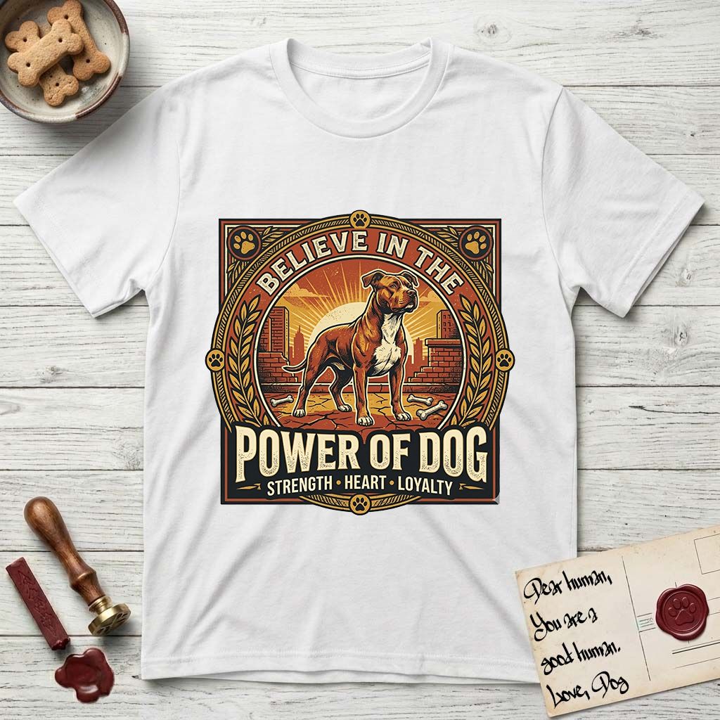 Believe in the Power of Dog Pitbull Cityscape T-Shirt flat lay in White, featuring a vintage urban badge with a brick-red Pitbull, a city skyline, a radiating sun, and the words Strength, Heart, Loyalty.