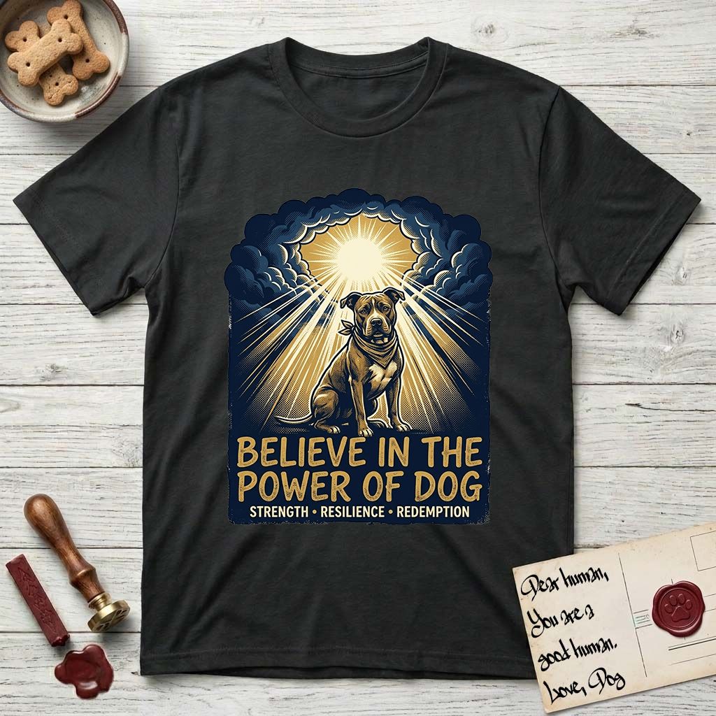 Believe in the Power of Dog Pitbull Clouds T-Shirt flat lay in Black, featuring a devotional badge with a seated Pitbull, parting clouds and radiating light, and the words Strength, Resilience, Redemption.