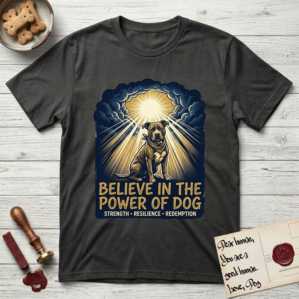 Believe in the Power of Dog Pitbull Clouds T-Shirt flat lay in Charcoal, featuring a devotional badge with a seated Pitbull, parting clouds and radiating light, and the words Strength, Resilience, Redemption.