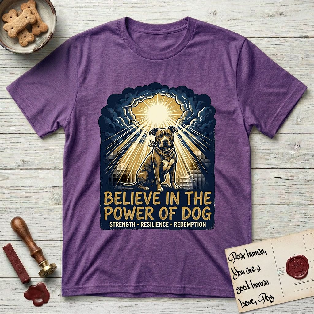 Believe in the Power of Dog Pitbull Clouds T-Shirt flat lay in Heather Purple, featuring a devotional badge with a seated Pitbull, parting clouds and radiating light, and the words Strength, Resilience, Redemption.
