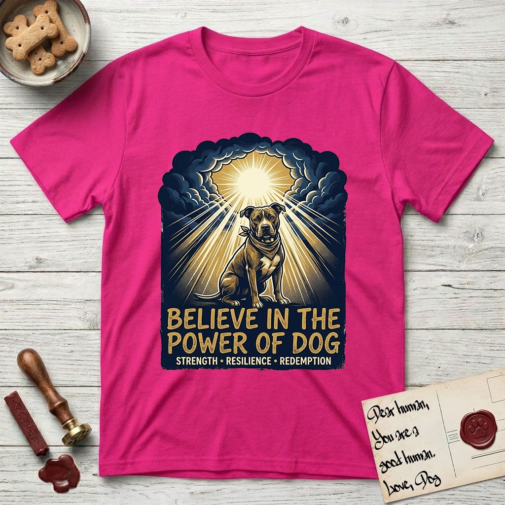 Believe in the Power of Dog Pitbull Clouds T-Shirt flat lay in Heliconia, featuring a devotional badge with a seated Pitbull, parting clouds and radiating light, and the words Strength, Resilience, Redemption.