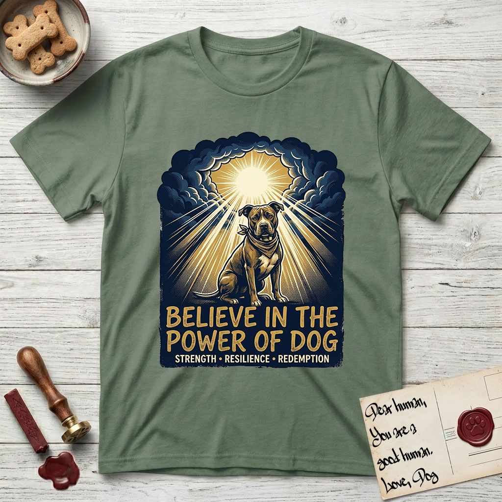 Believe in the Power of Dog Pitbull Clouds T-Shirt flat lay in Military Green, featuring a devotional badge with a seated Pitbull, parting clouds and radiating light, and the words Strength, Resilience, Redemption.