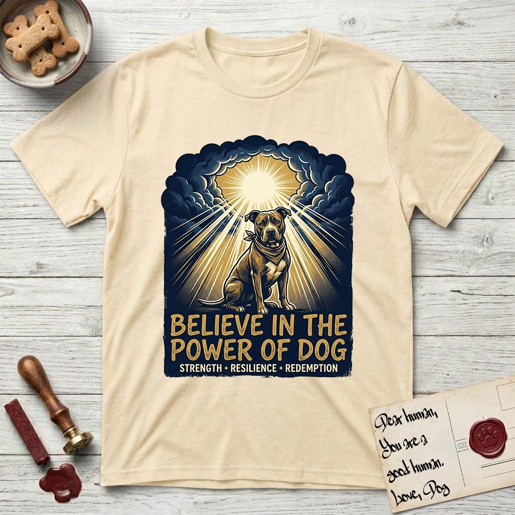 Believe in the Power of Dog Pitbull Clouds T-Shirt flat lay in Natural, featuring a devotional badge with a seated Pitbull, parting clouds and radiating light, and the words Strength, Resilience, Redemption.