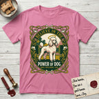 Believe in the Power of Dog Poodle T-Shirt flat lay in Azalea, featuring an Art Nouveau floral badge with a haloed Poodle in a garden park scene and the words Grace, Intelligence, Love.