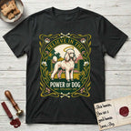 Believe in the Power of Dog Poodle T-Shirt flat lay in Black, featuring an Art Nouveau floral badge with a haloed Poodle in a garden park scene and the words Grace, Intelligence, Love.