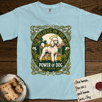 Believe in the Power of Dog Poodle T-Shirt flat lay in Chambray, featuring an Art Nouveau floral badge with a haloed Poodle in a garden park scene and the words Grace, Intelligence, Love.