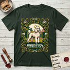 Believe in the Power of Dog Poodle T-Shirt flat lay in Forest Green, featuring an Art Nouveau floral badge with a haloed Poodle in a garden park scene and the words Grace, Intelligence, Love.