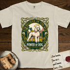 Believe in the Power of Dog Poodle T-Shirt flat lay in Ivory, featuring an Art Nouveau floral badge with a haloed Poodle in a garden park scene and the words Grace, Intelligence, Love.
