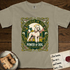 Believe in the Power of Dog Poodle T-Shirt flat lay in Khaki, featuring an Art Nouveau floral badge with a haloed Poodle in a garden park scene and the words Grace, Intelligence, Love.