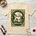 Believe in the Power of Dog Poodle T-Shirt flat lay in Natural, featuring an Art Nouveau floral badge with a haloed Poodle in a garden park scene and the words Grace, Intelligence, Love.