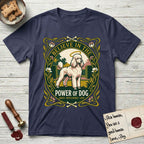 Believe in the Power of Dog Poodle T-Shirt flat lay in Navy, featuring an Art Nouveau floral badge with a haloed Poodle in a garden park scene and the words Grace, Intelligence, Love.