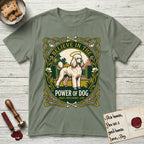 Believe in the Power of Dog Poodle T-Shirt flat lay in Sage, featuring an Art Nouveau floral badge with a haloed Poodle in a garden park scene and the words Grace, Intelligence, Love.