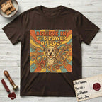 Believe in the Power of Dog Rescue Mutt T-Shirt flat lay in Dark Chocolate, featuring a retro 1970s groovy poster of a grinning rescue mutt with a radiating sunburst and swirling florals.